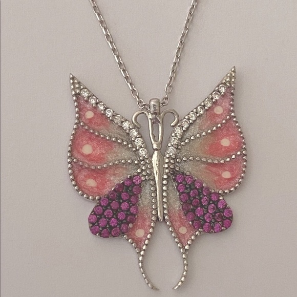 Butterfly necklace 925 silver clear pink cz enamel - Picture 2 of 3